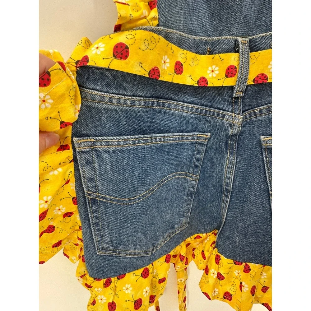 Handmade Denim Kitchen Apron Ladybug Ruffle Lee Jeans Repurposed Cottagecore